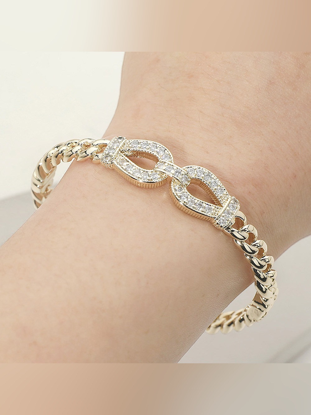 14K Gold Plated CZ Pave Link Accent Hinged Bangle Bracelet